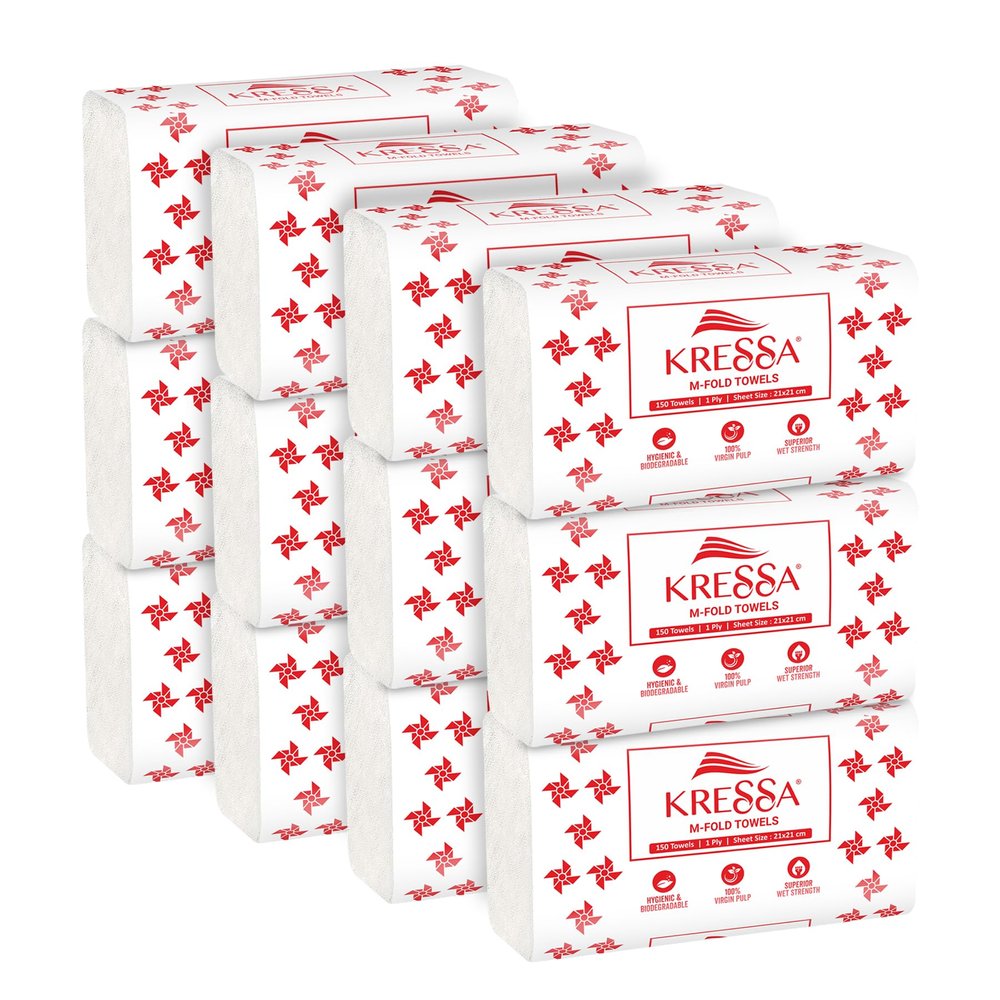 Kressa Multi Fold Paper Hand Towels | M Fold | 150 x 12 = 1800 (Pack Of 12)