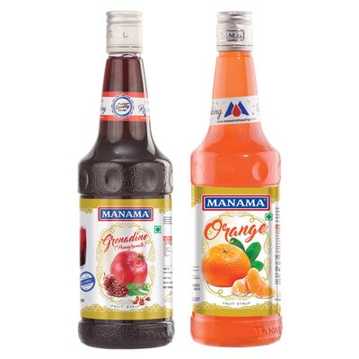 Manama Grenadine Syrup and Orange Syrup, 750ML Each, Mixer for Mocktails, Cocktails, Drinks, Juices, Beverages, Pack of 2
