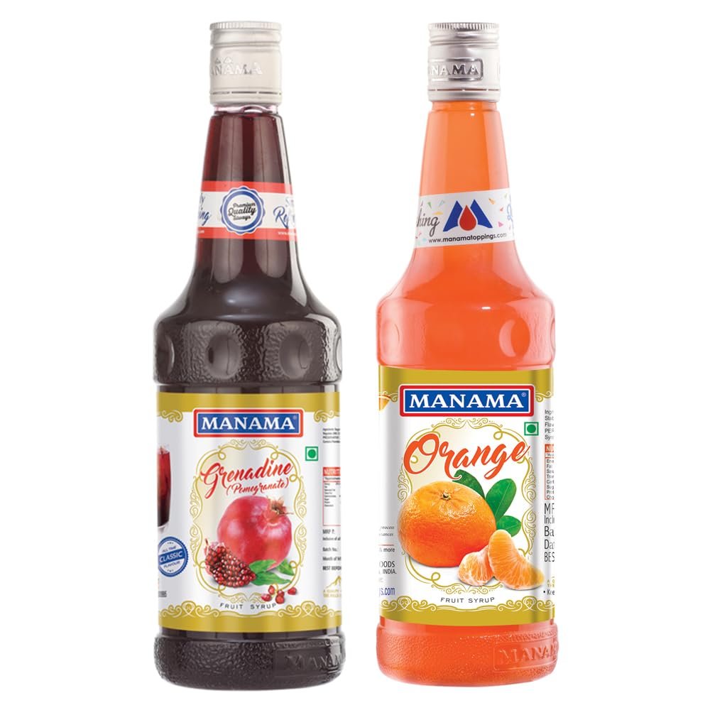 Manama Grenadine Syrup and Orange Syrup, 750ML Each, Mixer for Mocktails, Cocktails, Drinks, Juices, Beverages, Pack of 2