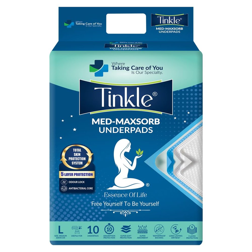 Tinkle Med Maxsorb Disposable Bed Underpad Sheets, Incontinence Bed Pad/Mat Under Sheet, 10 Pcs, Blue, Large, 60x90cm, Waterproof, Soft Comfort Bed Wetting Protection Sheet for Adults Patient Hospital
