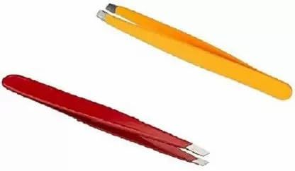Elecsera Professional Slant Tip Tweezer Plucker for Eyebrow, Upper Lips, Blackhead Removal, Facial Hair For Women & Men, Pack of 2 - Red & Yellow