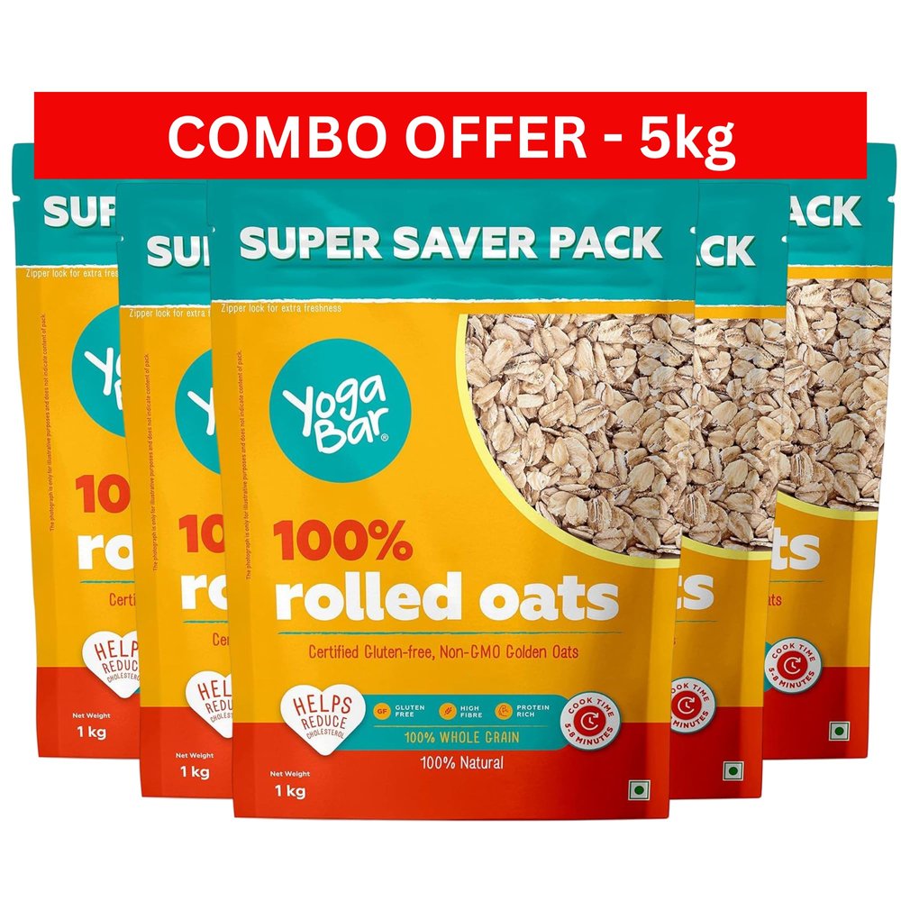 Yogabar 100% Rolled Oats 1kg, Pack of 5 | Premium Golden Rolled Oat, Gluten Free Oats with High Fibre