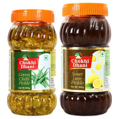 Chokhi Dhani Green Chilli Pickle 500g and Sweet Lime Pickle 600g