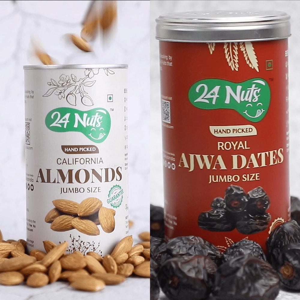 24 Nuts Hand Picked Jumbo Size California Almonds & Royal Ajwa Dates Combo Pack 500gm (250g X 2)