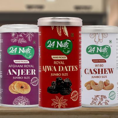 24 Nuts Hand Picked Jumbo Size Royal Ajwa Dates and Afghani Anjeer Figs And Premium Cashew W180 Combo Pack of 750 gm (250g x 3)