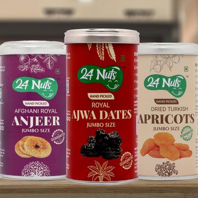 24 Nuts Hand Picked Jumbo Size Royal Ajwa Dates and Afghani Anjeer Figs And Turkish Apricots Combo Pack of 750 gm (250g x 3)