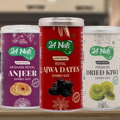 24 Nuts Hand Picked Jumbo Size Royal Ajwa Dates and Afghani Anjeer Figs And Premium Dried Kiwi Combo Pack of 750 gm (250g x 3)