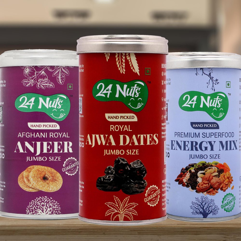 24 Nuts Hand Picked Jumbo Size Royal Ajwa Dates and Afghani Anjeer Figs And Premium Energy Mix SuperFood Combo Pack of 750 gm (250g x 3)