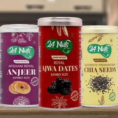 24 NUTS Hand Picked Jumbo Size Fresh Royal Ajwa Dates And Afghani Anjeer Figs And Premium Raw Chia Seeds Combo Pack Of 750 Gm (250G X 3)
