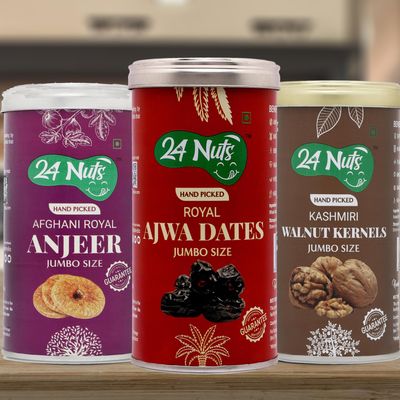 24 Nuts Hand Picked Jumbo Size Royal Ajwa Dates and Afghani Anjeer Figs And Kashmiri Walnut Kernels Combo Pack of 750 gm (250g x 3)