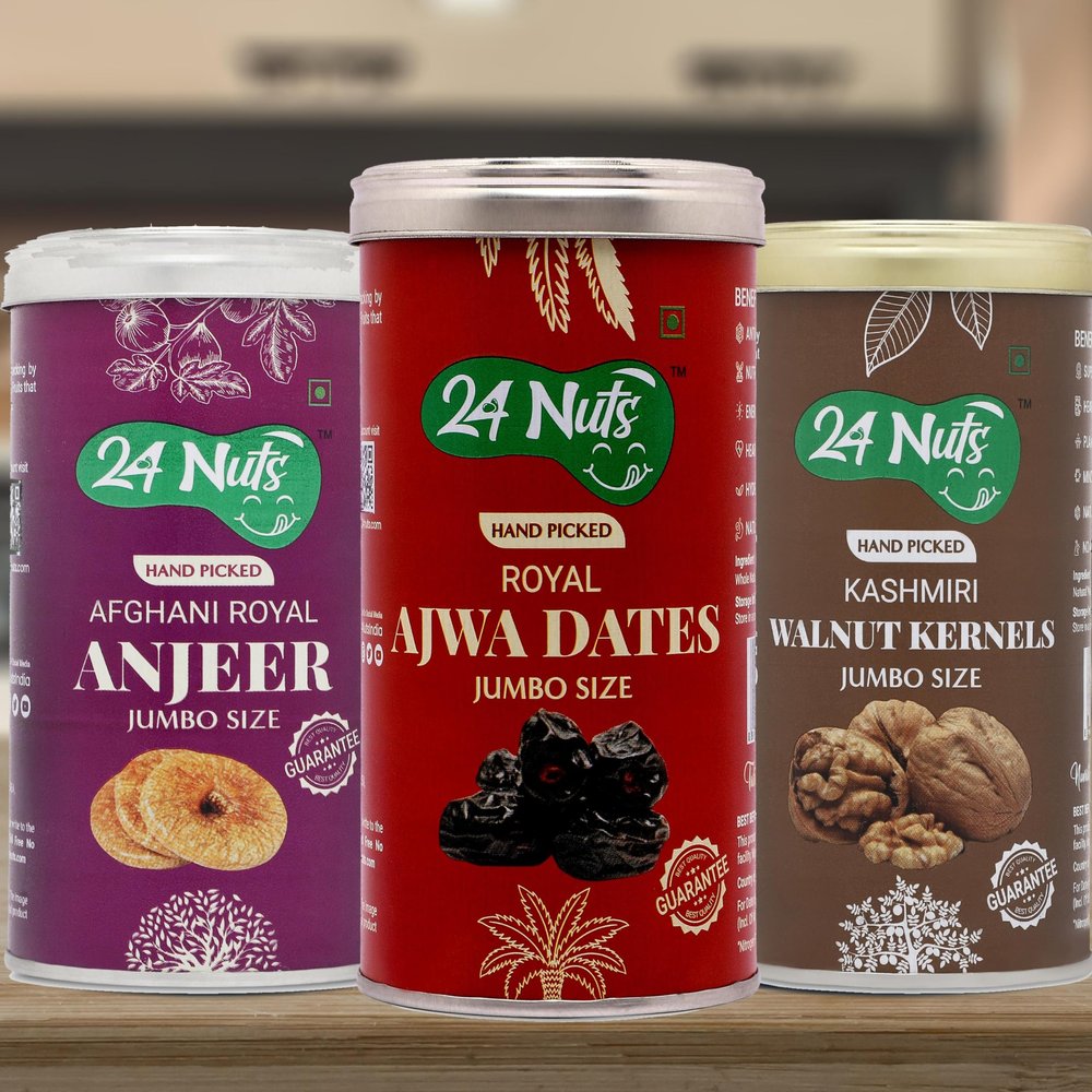 24 Nuts Hand Picked Jumbo Size Royal Ajwa Dates and Afghani Anjeer Figs And Kashmiri Walnut Kernels Combo Pack of 750 gm (250g x 3)