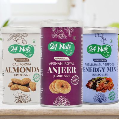 24 Nuts Hand Picked Jumbo Size Afghani Anjeer Figs And California Almonds And Premium Energy Mix Superfood Combo Pack of 750 gm (250gx3)