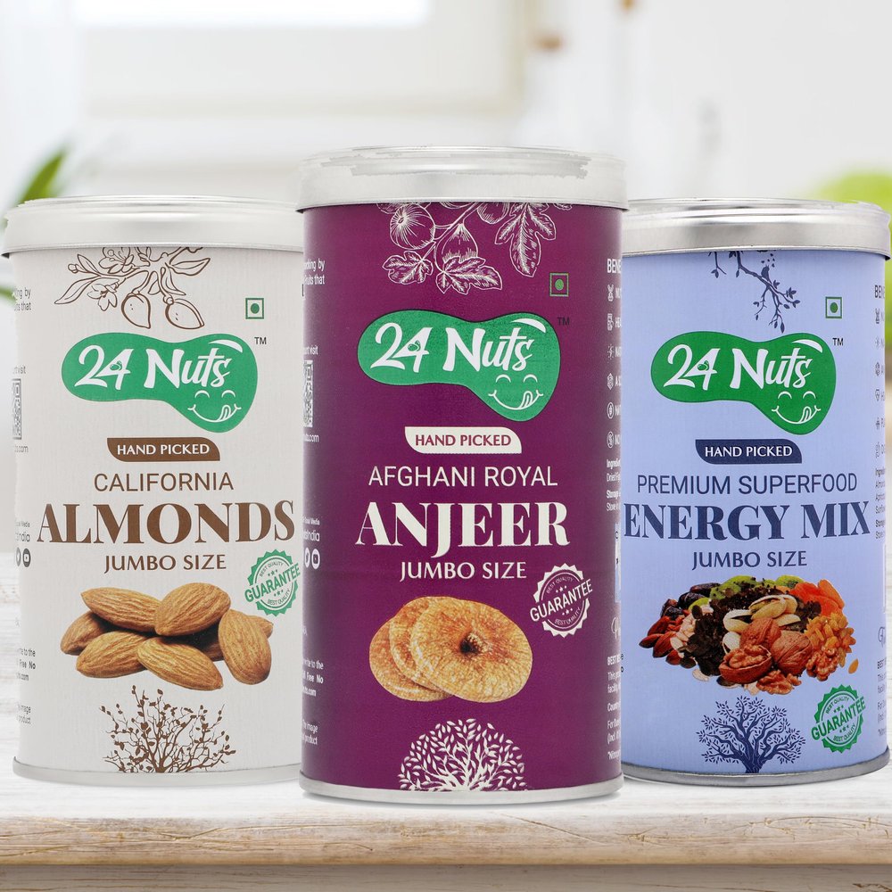 24 Nuts Hand Picked Jumbo Size Afghani Anjeer Figs And California Almonds And Premium Energy Mix Superfood Combo Pack of 750 gm (250gx3)