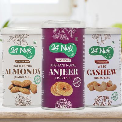 24 Nuts Hand Picked Jumbo Size Afghani Anjeer Figs And California Almonds And Premium Cashew W180 Combo Pack of 750 gm (250gx3)