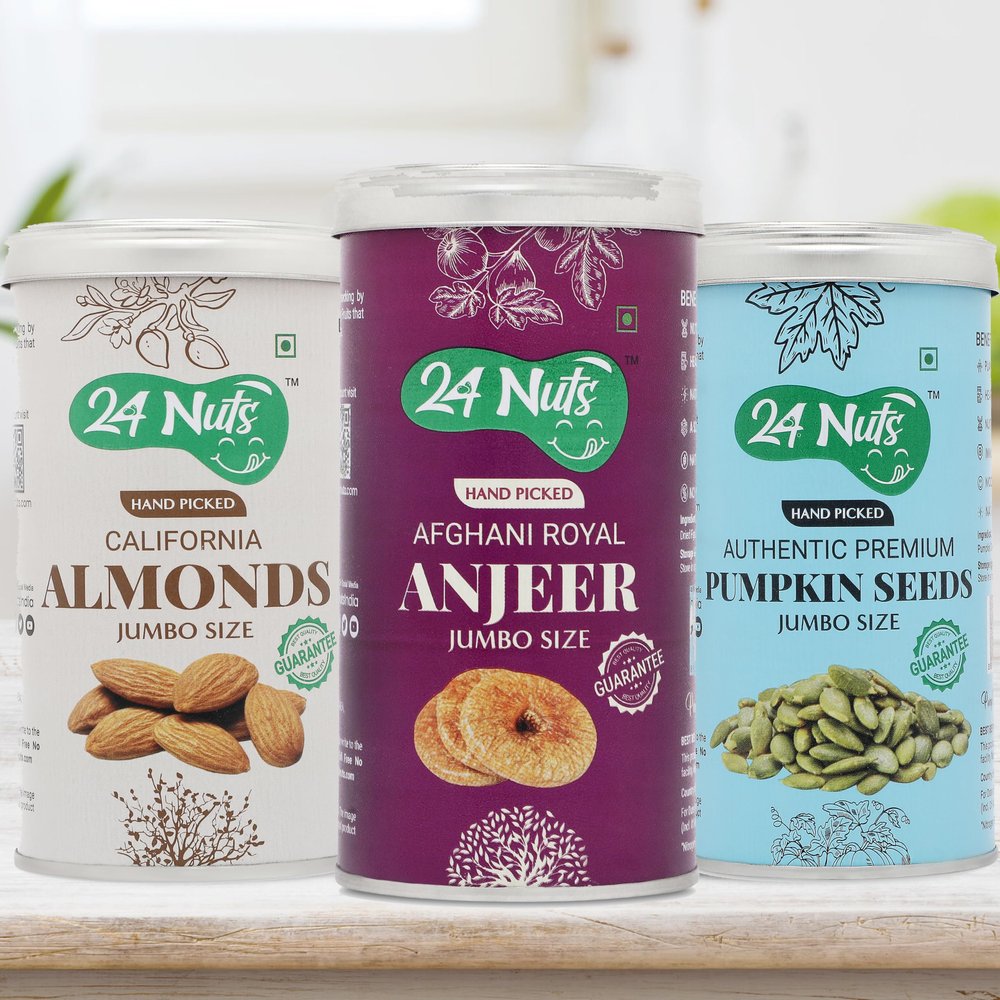 24 Nuts Hand Picked Jumbo Size Afghani Anjeer Figs And California Almonds And Premium Pumpkin Seeds Combo Pack of 750 gm (250gx3)