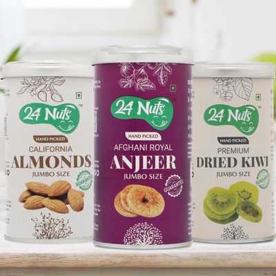 24 Nuts Hand Picked Jumbo Size Afghani Anjeer Figs And California Almonds And Premium Dried Kiwi Combo Pack of 750 gm (250gx3)