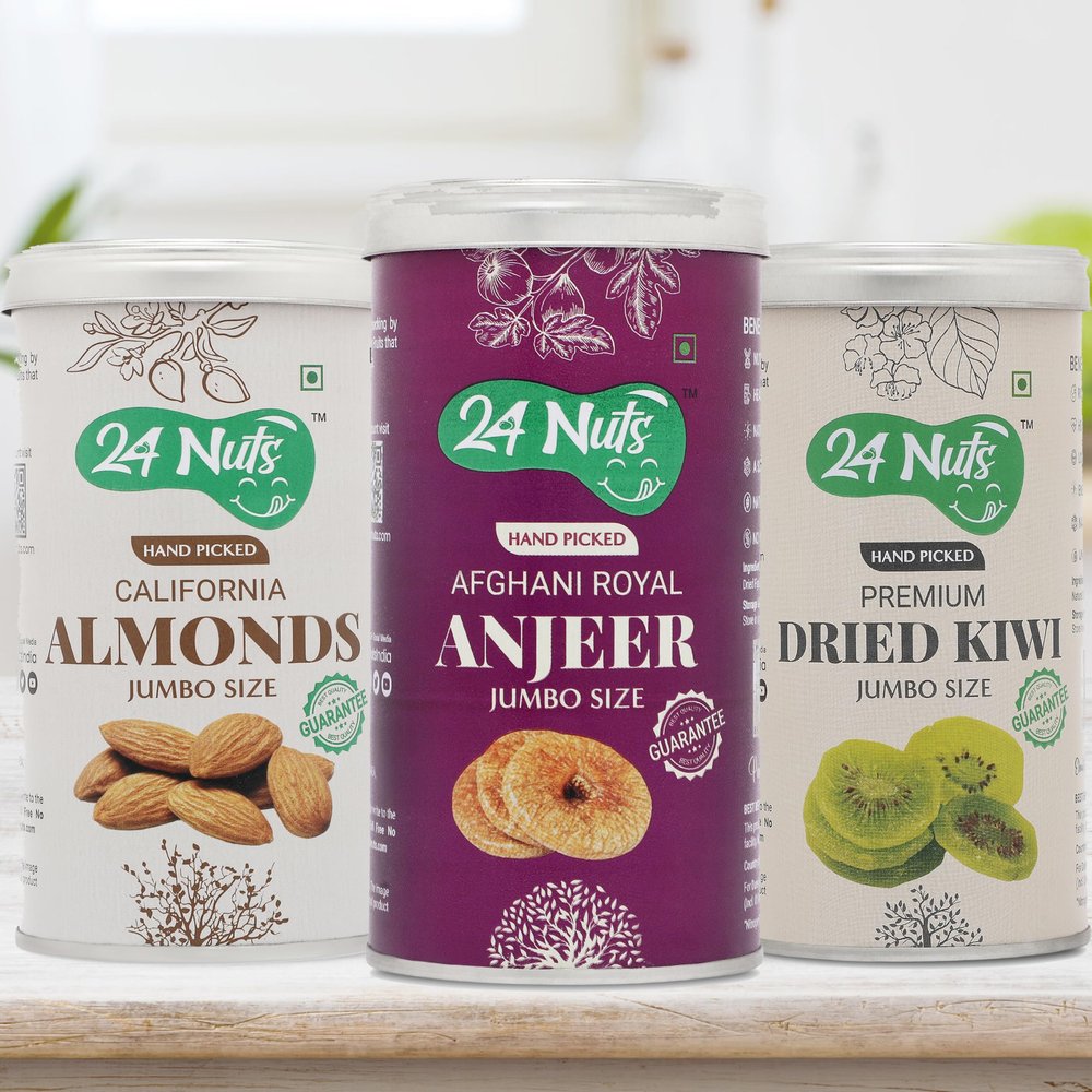 24 Nuts Hand Picked Jumbo Size Afghani Anjeer Figs And California Almonds And Premium Dried Kiwi Combo Pack of 750 gm (250gx3)