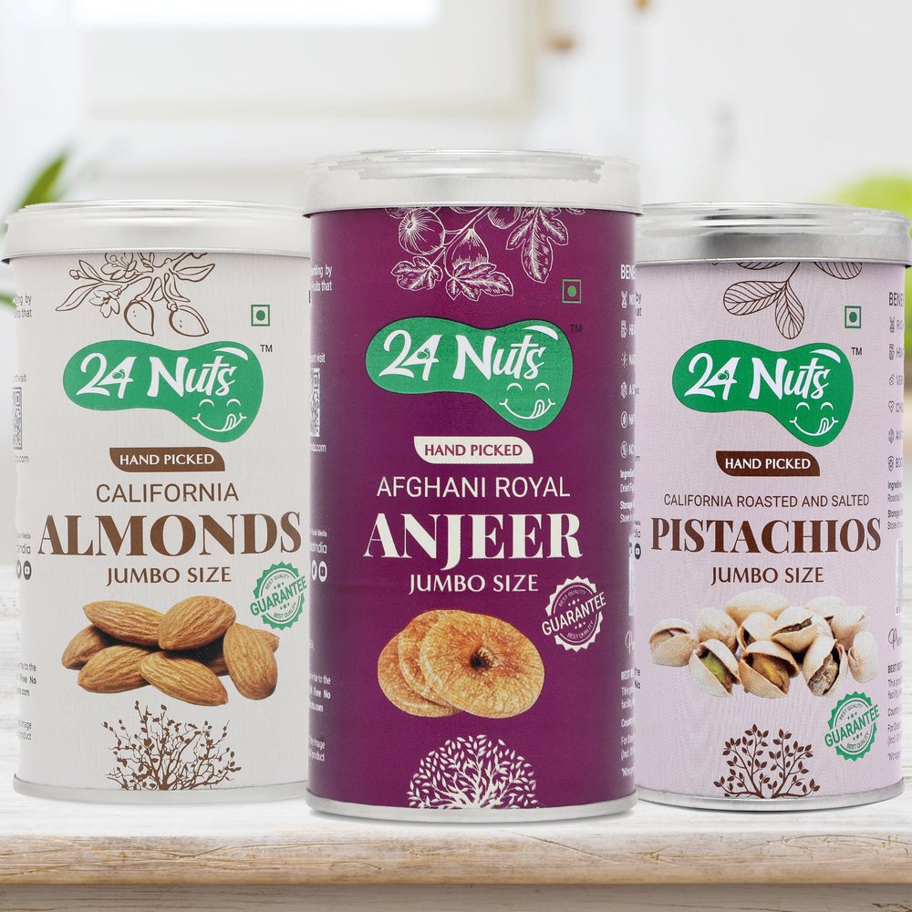 24 Nuts Hand Picked Jumbo Size Afghani Anjeer Figs And California Almonds And California Roasted Pistachios Combo Pack of 750 gm (250gx3)