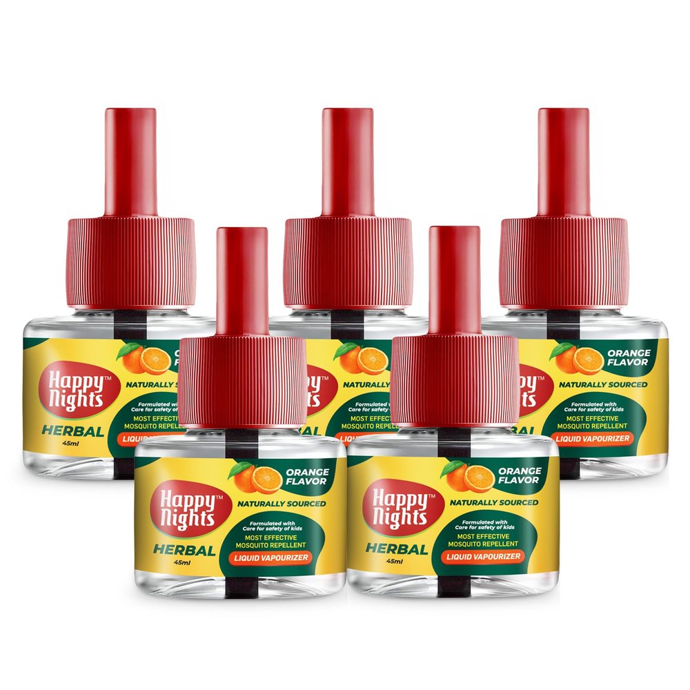 Happy Nights Orange Mosquito Repellent Liquid Refill, Mamas Choice Orange Repellent, 45ml Oil based Mosquito Repellent | Prevent from Mosquito | The Best & Natural Mosquito Repellent for Babies| Liquid Mosquito Refill Pack of 5 - FORMULATION 4X