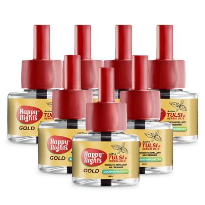 Happy Nights Gold Tulsi Mosquito Repellent Liquid Refill, Mamas Choice Gold Tulsi Repellent, 45ml Oil based Mosquito Repellent | Prevent from Mosquito | Best & Natural Mosquito Repellent for Home| Liquid Mosquito Refill Pack of 7 - FORMULATION 4X