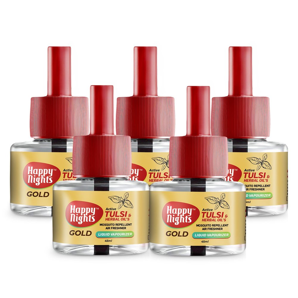 Happy Nights Gold Tulsi Mosquito Repellent Liquid Refill, Mamas Choice Gold Tulsi Repellent, 45ml Oil based Mosquito Repellent Prevents Mosquitoes, Liquid Mosquito Refill Pack of 5 - FORMULATION 4X