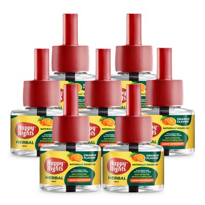 Happy Nights Orange Mosquito Repellent Liquid Refill, Mamas Choice Orange Repellent, 45ml Oil based Mosquito Repellent | Prevent from Mosquito | The Best & Natural Mosquito Repellent for Babies| Liquid Mosquito Refill Pack of 7 - FORMULATION 4X