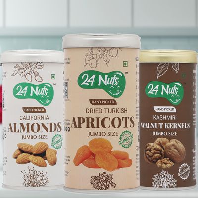 24 Nuts Hand Picked Jumbo Size California Almonds And Turkish Apricots Kashmiri Walnut Kernels Combo Pack of 750 gm (250gx3)