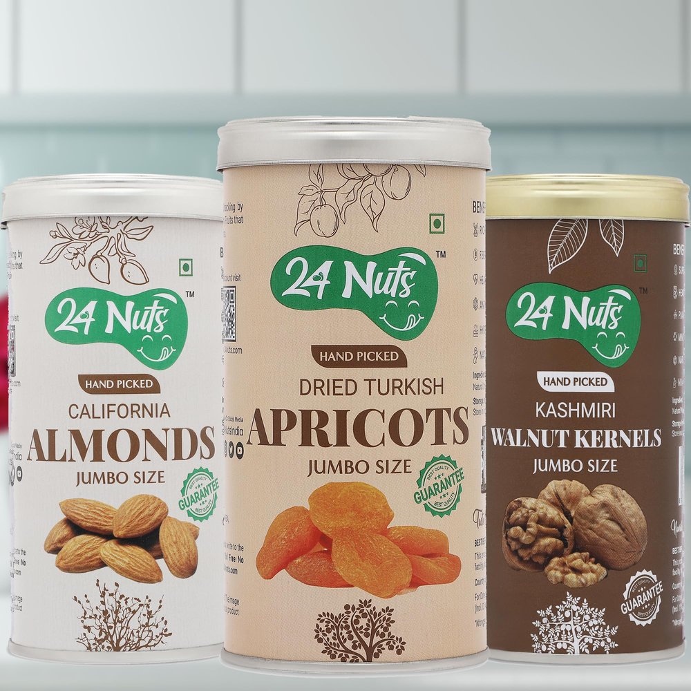 24 Nuts Hand Picked Jumbo Size California Almonds And Turkish Apricots Kashmiri Walnut Kernels Combo Pack of 750 gm (250gx3)