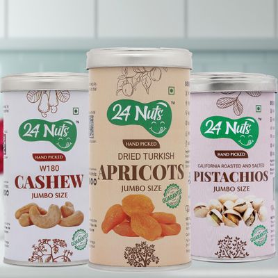 24 Nuts Hand Picked Jumbo Size Turkish Apricots And Premium Cashew W180 And California Roasted Pistachios Combo Pack of 750 gm (250gx3)
