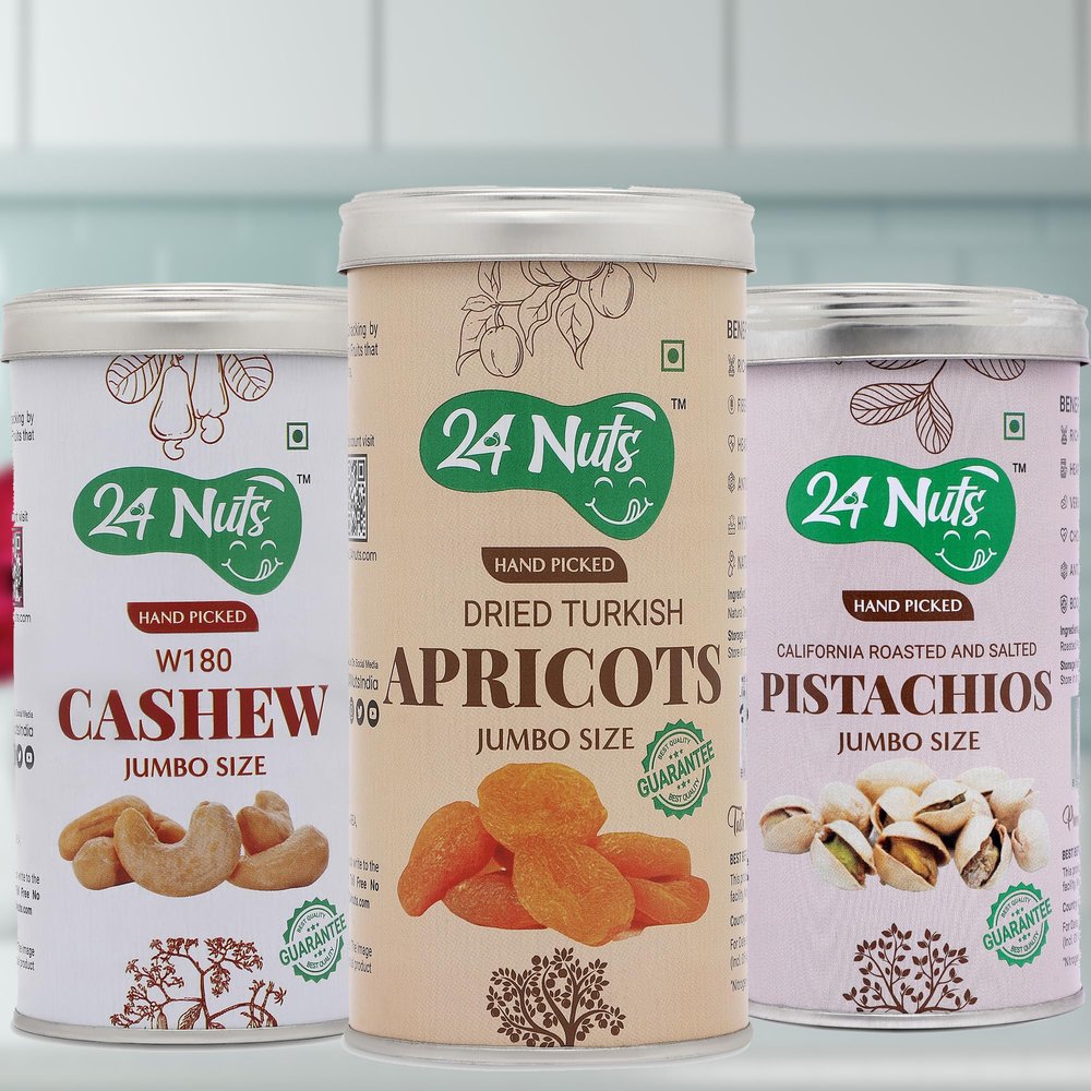24 Nuts Hand Picked Jumbo Size Turkish Apricots And Premium Cashew W180 And California Roasted Pistachios Combo Pack of 750 gm (250gx3)