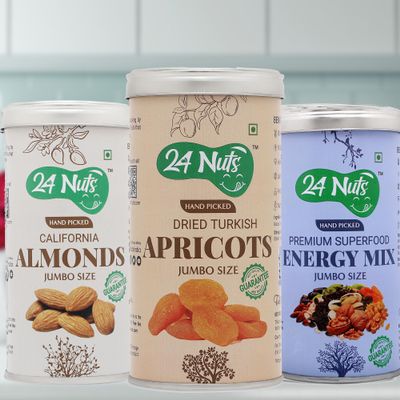 24 Nuts Hand Picked Jumbo Size California Almonds And Turkish Apricots Premium Energy Mix SuperFood Combo Pack of 750 gm (250gx3)
