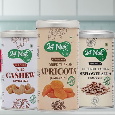 24 Nuts Hand Picked Jumbo Size Turkish Apricots And Premium Cashew W180 And Premium Sunflower Seeds Combo Pack of 750 gm (250gx3)