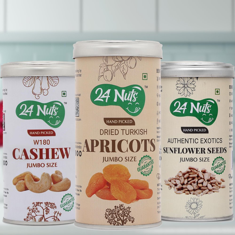 24 Nuts Hand Picked Jumbo Size Turkish Apricots And Premium Cashew W180 And Premium Sunflower Seeds Combo Pack of 750 gm (250gx3)