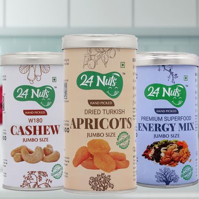 24 Nuts Hand Picked Jumbo Size Turkish Apricots And Premium Cashew W180 And Premium Energy Mix Superfood Combo Pack of 750 gm (250gx3)
