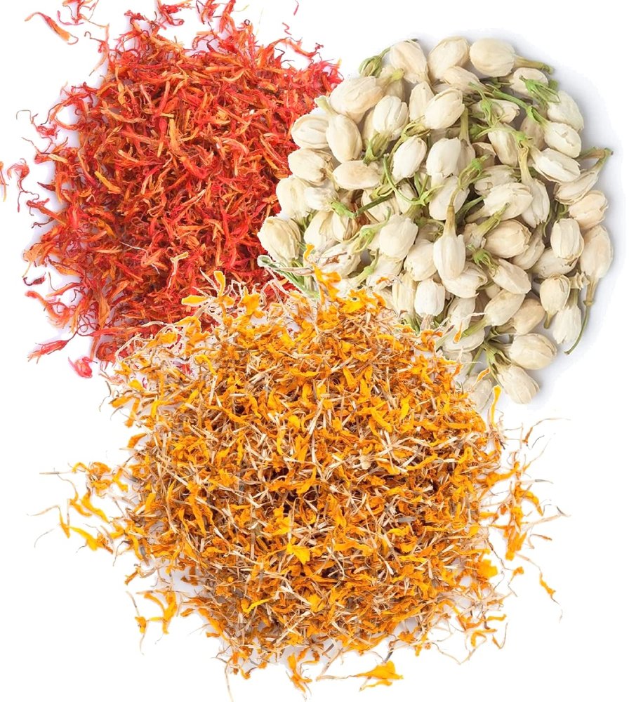 A D Food & Herbs Combo of Dried Jasmine/Safflower/Marigold Flower Petals Aromatic Edible for Homemade Lattes, Tea Blends, Bath Salts, Gifts, Crafts each pack (150 Gms) (150 Gms)