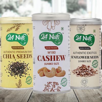 24 Nuts Hand Picked Jumbo Size Premium Cashew W180 And Premium Raw Chia Seeds Exotics Sunflower Seeds Combo Pack of 750 gm (250gx3)