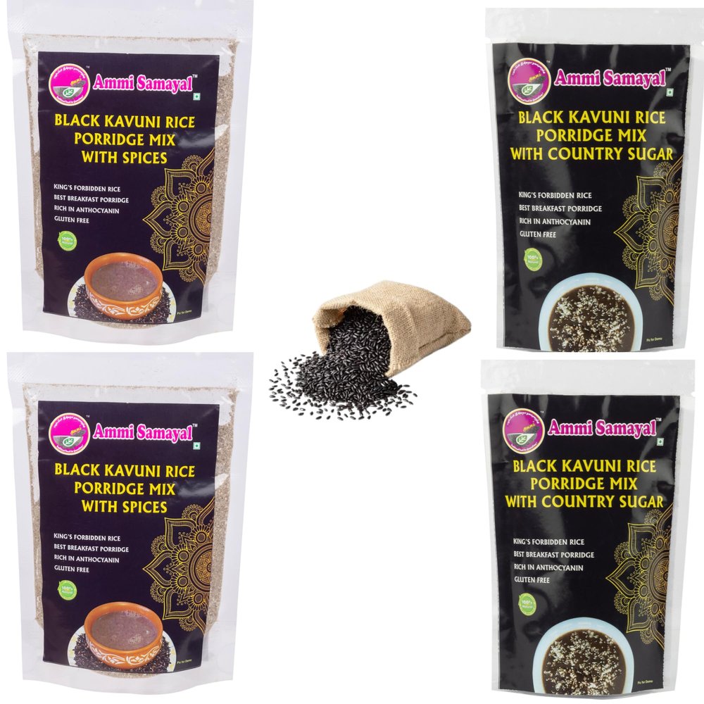 Ammi Samayal Black Kavuni Rice Porridge Mix with Country Sugar & Traditional Spices | Authentic South Indian Breakfast Combo | Organic Black Rice Nutrient-Rich Porridge | Healthy, Natural & Easy to Prepare | 200g + 200g Pack