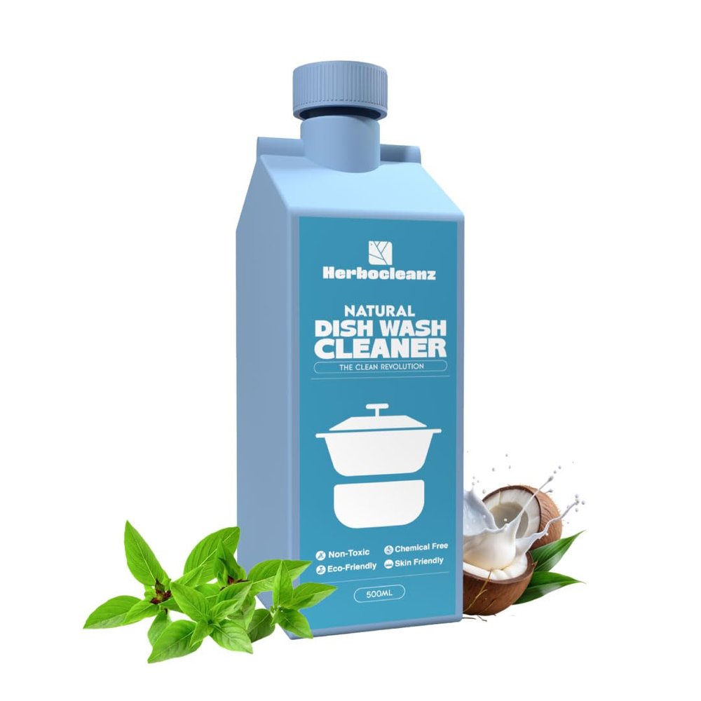 HerboCleanz Natural Dish wash cleaner 1000 ml: Plant-Based, Non-Toxic Grease Cutter Eco-Friendly, Skin-Safe Detergent for Utensils, Ceramics & Cutlery - (500 ml X 2)