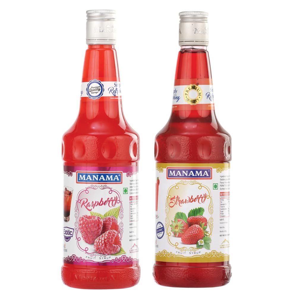 Manama Raspberry Syrup and Strawberry Syrup, 750ML Each, Mixer for Mocktails, Cocktails, Drinks, Juices, Beverages, Pack of 2