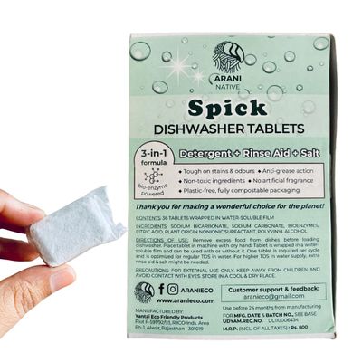 Arani Eco Spick Dishwasher Tablets Pack of 36 Tablets | Water Soluble packaging | Zero Waste | Zero Plastic Packaging | Rinse Aid Detergent Salt Combo
