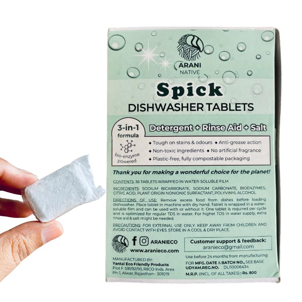 Arani Eco Spick Dishwasher Tablets Pack of 36 Tablets | Water Soluble packaging | Zero Waste | Zero Plastic Packaging | Rinse Aid Detergent Salt Combo