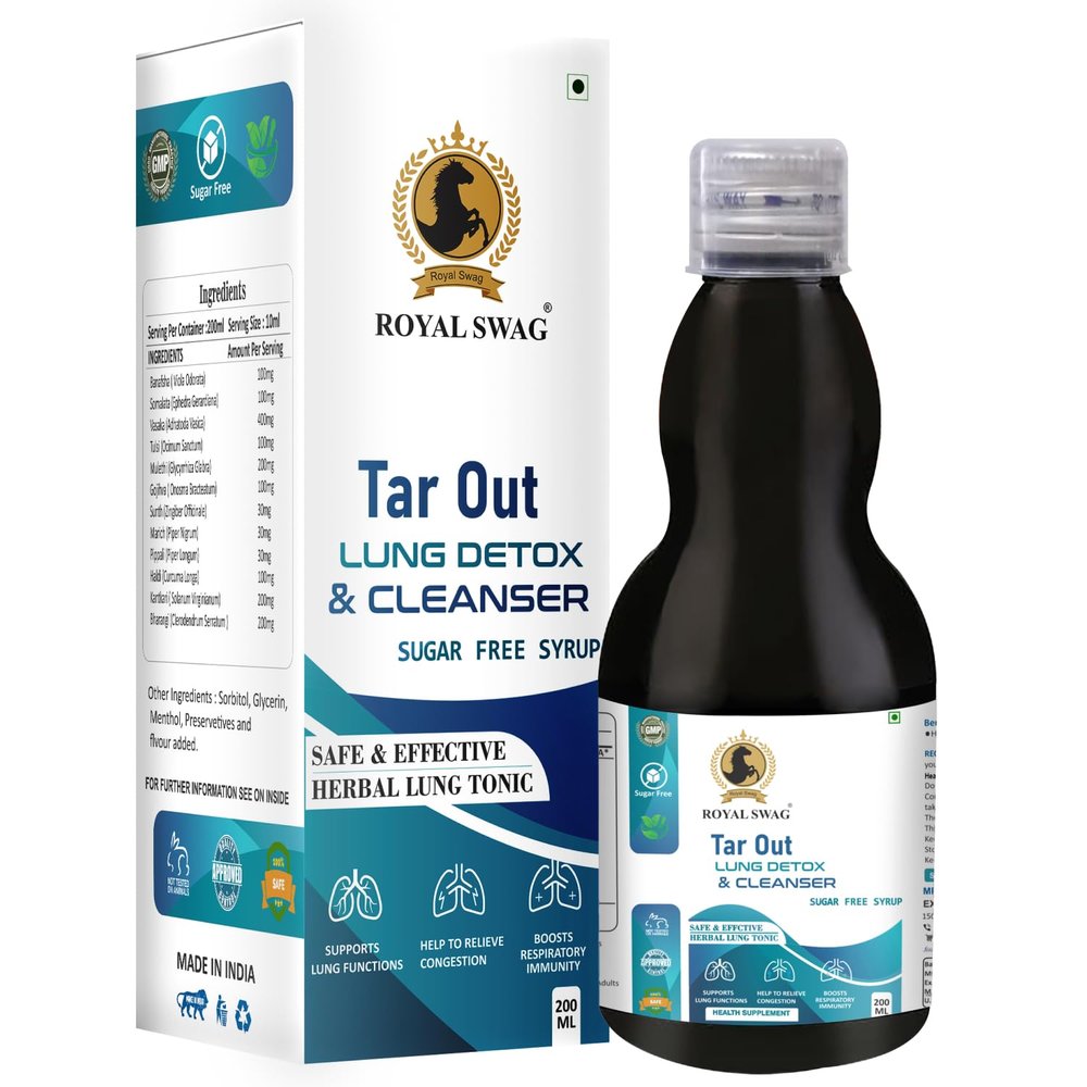 Royal Swag Ayurveda Tar Out Syrup Lungs Detox Sugar Free -200 ML- Removes Tar from Lungs due to for smoke & Air Pollution Herbal Syrub To Remove Toxins From Lung and Mucus Remover