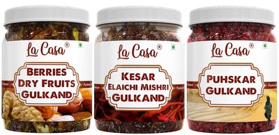 La Casa Pushkar All 3 Flavors Gulkand | Combo Pack of 3 | Plain+Dry Fruits & Berries+Elaichi,Saffron & Mishri Gulkand Combo | 3x400g |