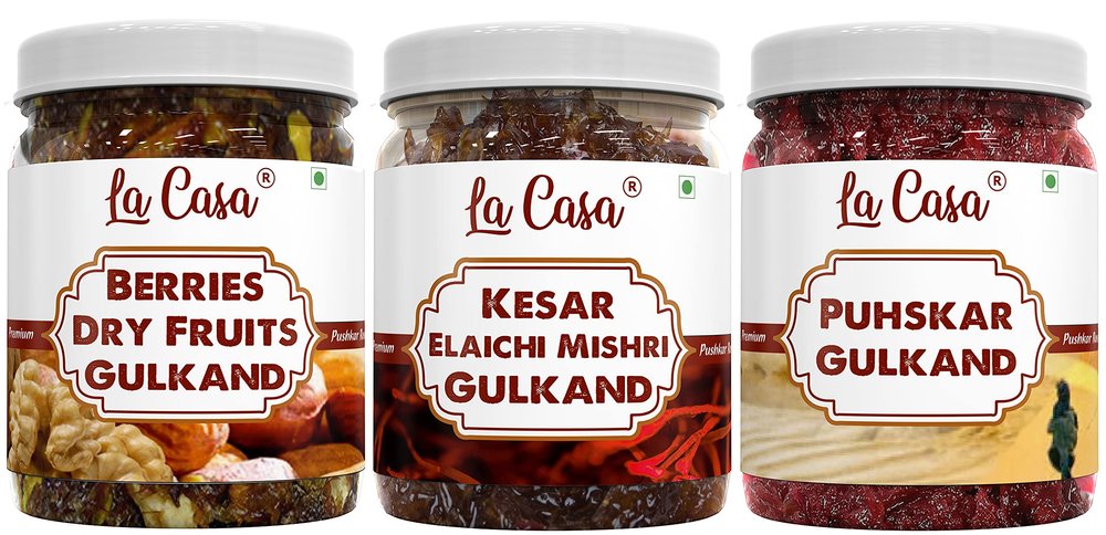 La Casa Pushkar All 3 Flavors Gulkand | Combo Pack of 3 | Plain+Dry Fruits & Berries+Elaichi,Saffron & Mishri Gulkand Combo | 3x400g |