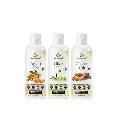 Biomidas 100% Pure Argan Oil & Olive Oil & Castor Oil 60ML Combo (Pack Of 3)