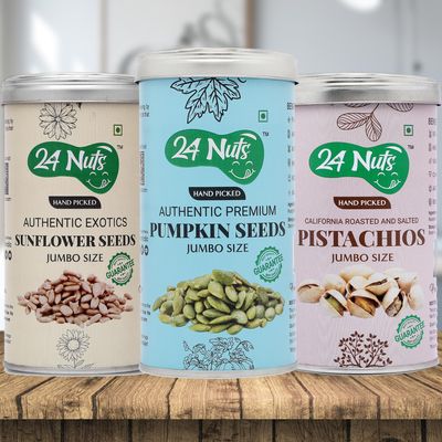 24 Nuts Hand Picked Jumbo Size California Roasted Pistachios And Premium Pumpkin Seeds And Exotics Sunflower Seeds Combo Pack of 750 gm (250gx3)