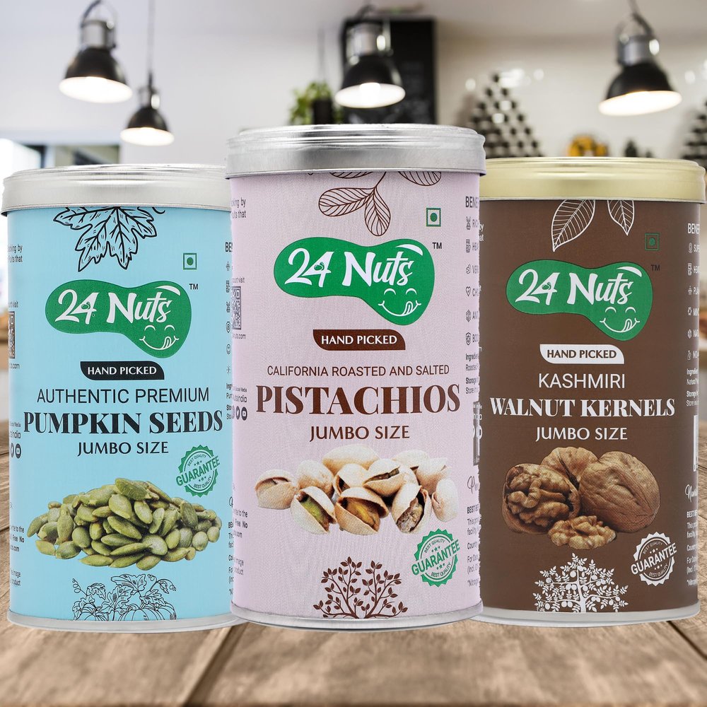 24 Nuts Hand Picked Jumbo Size California Roasted Pistachios And Premium Pumpkin Seeds And Kashmiri Walnut Kernels Combo Pack of 700 gm (250gx2) (200gx1)