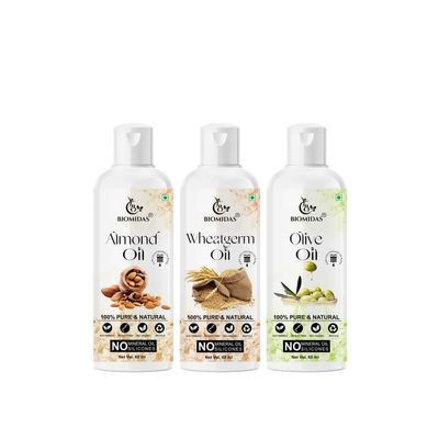 Biomidas 100% Pure Almond Oil & Wheat Germ Oil & Olive Oil 60ML Combo (Pack Of 3)