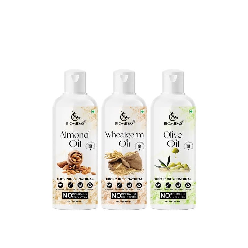 Biomidas 100% Pure Almond Oil & Wheat Germ Oil & Olive Oil 60ML Combo (Pack Of 3)