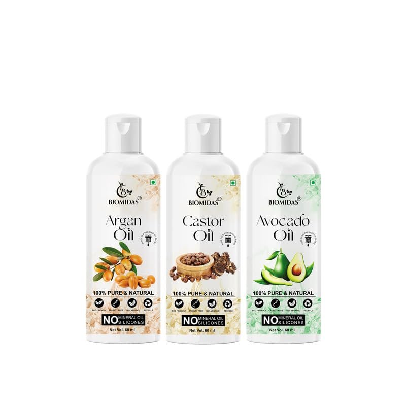 Biomidas 100% Pure Argan Oil & Castor Oil & Avocado Oil 60ML Combo (Pack Of 3)